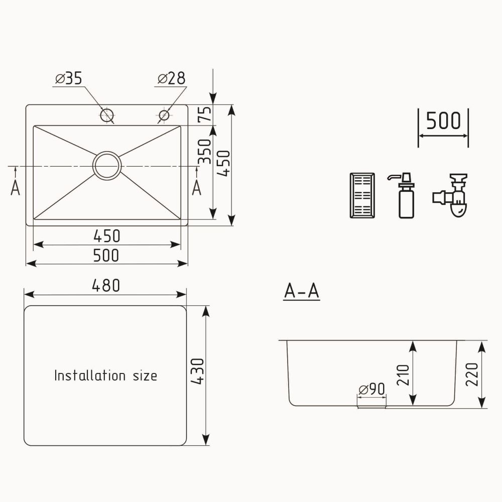 Кухонная мойка Ulgran  Steel 500x450, брашированная сталь, артикул US 500-001