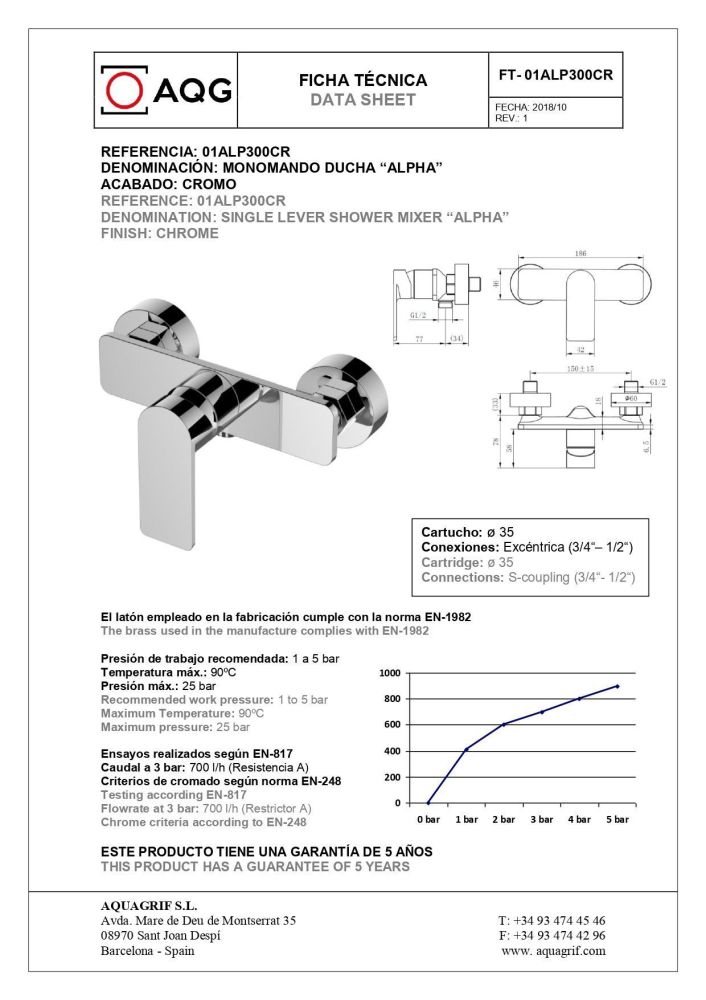 AQG Alpha, однорычажный смеситель для душа без набора для душа, цвет хром, артикул 01ALP300CR
