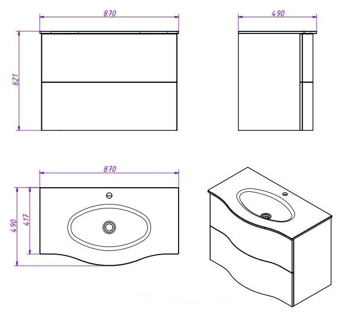 Тумба под раковину Cezares PETALO-900-2C-SO-RC-P подвесная Вишневый дуб без ручек