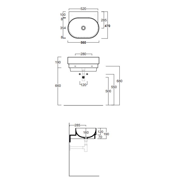 SIMAS PO-MO Раковина подвесная 56x47xh19 см., без отверстий для смесителя, без перелива, цвет белый