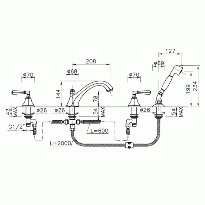 Nicolazzi Teide Смеситель на борт ванны, 4 отв., излив: 223 мм, с ручным душем, цвет: хром