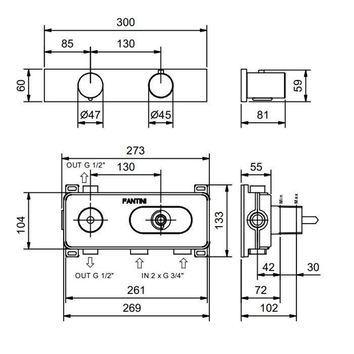 Fantini Milano Термостатический встраиваемый смеситель для душа на 2 потока, цвет Матовая натуральная сталь (без внутр части)