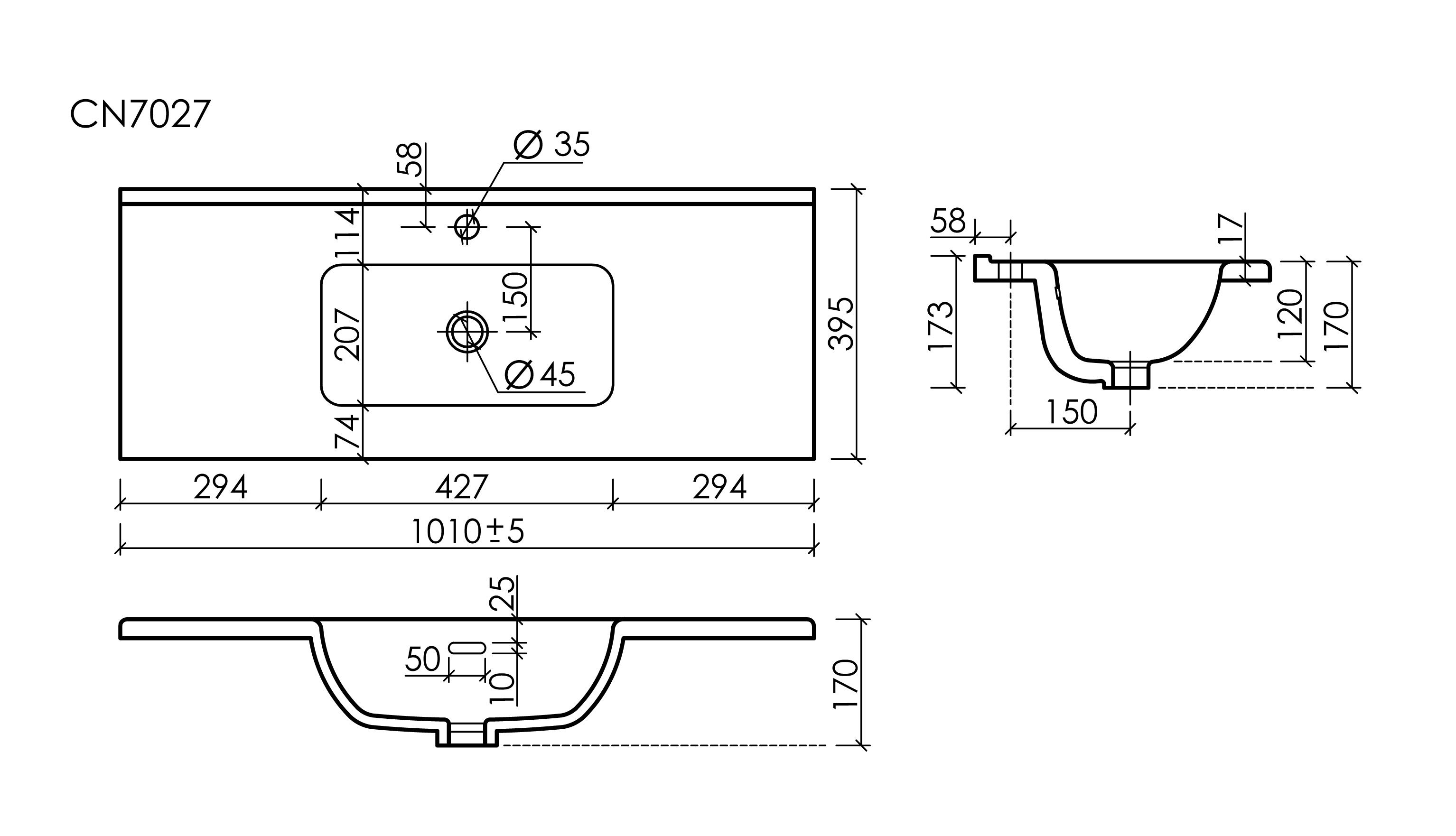 CN7027 Раковина мебельная накладная Компакт (Compact) 1010x395x175, цвет белый, артикул CN7027