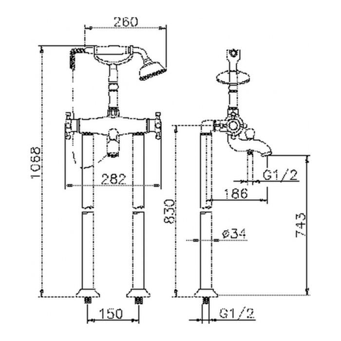 HUBER Victorian Смеситель термостатический напольный для ванны с ручной лейкой на держателе и шлангом 150 см, цвет бронза