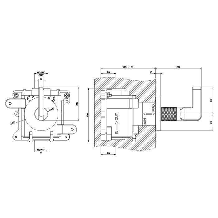 GESSI INCISO Запорный кран для термостатического смесителя высокой производительности, резьба 3/4"(внешняя часть), цвет: nero XL
