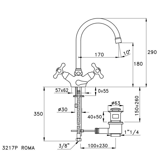Stella Roma Смеситель для раковины на 1 отверстие 3217P с высоким изливом, с донным клапаном, цвет: хром