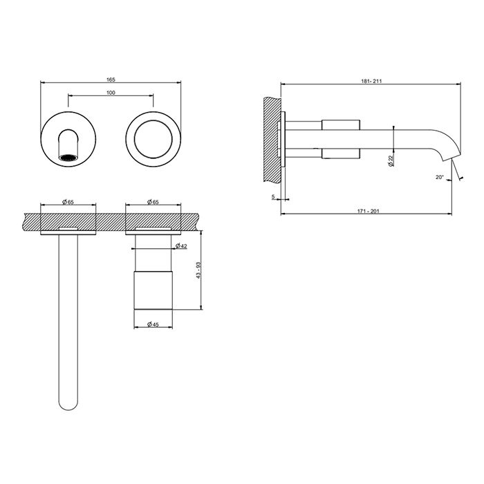 GESSI HABITO UNITO Смеситель для раковины настенный встраиваемый, однорычажный, цвет  Black Metal PVD