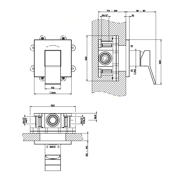 Gessi Rettangolo K Встраиваемый однорычажный смеситель без излива(внешние части), цвет: хром