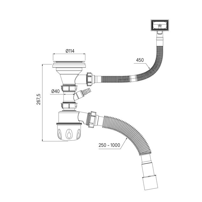Сифон бутылочный IDDIS Optima Home 3.1/2x40мм, с выпуском, гофротрубой, отводом и переливом (900CVG1P10VD), артикул 900CVG1P10VD