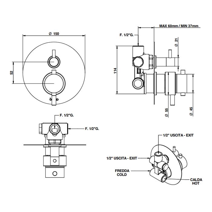 BONGIO Термостатический смеситель с переключателем на 2 положения, цвет матовое французское золото (без встраив части 09766), артикул 68569HMPREU