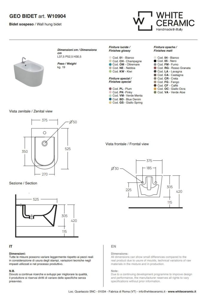 White Ceramic Geo, подвесное биде c крепежом, цвет белый глянцевый, артикул W1090401