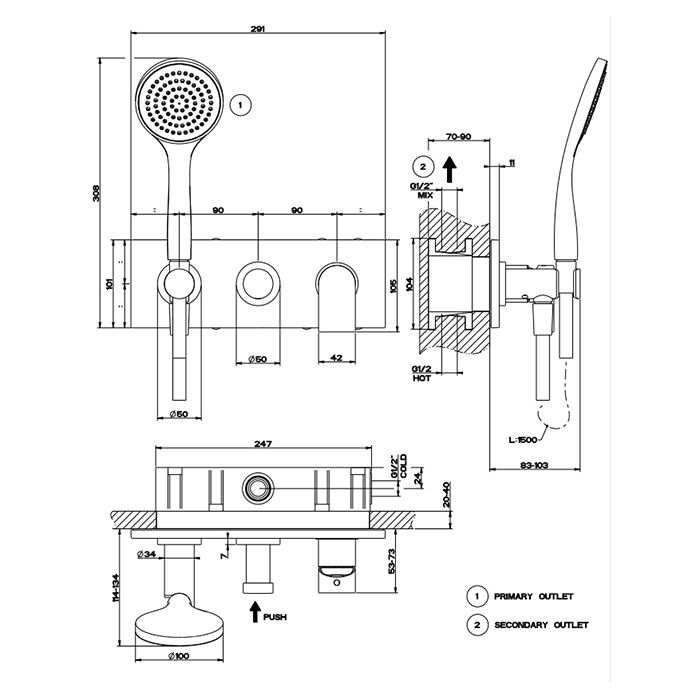 Gessi Emporio Via manzoni Внешние части для встр. однорычажного смесителя на 2 позиции с переключателем, подводом воды и держателем лейки, душевойлейк, артикул 44900#299