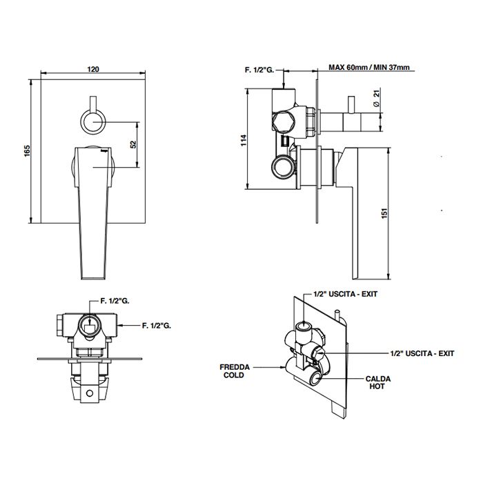 Bongio Stelth Смеситель встраиваемый для ванны на 2 выхода, цвет Gold, артикул 01519OREU