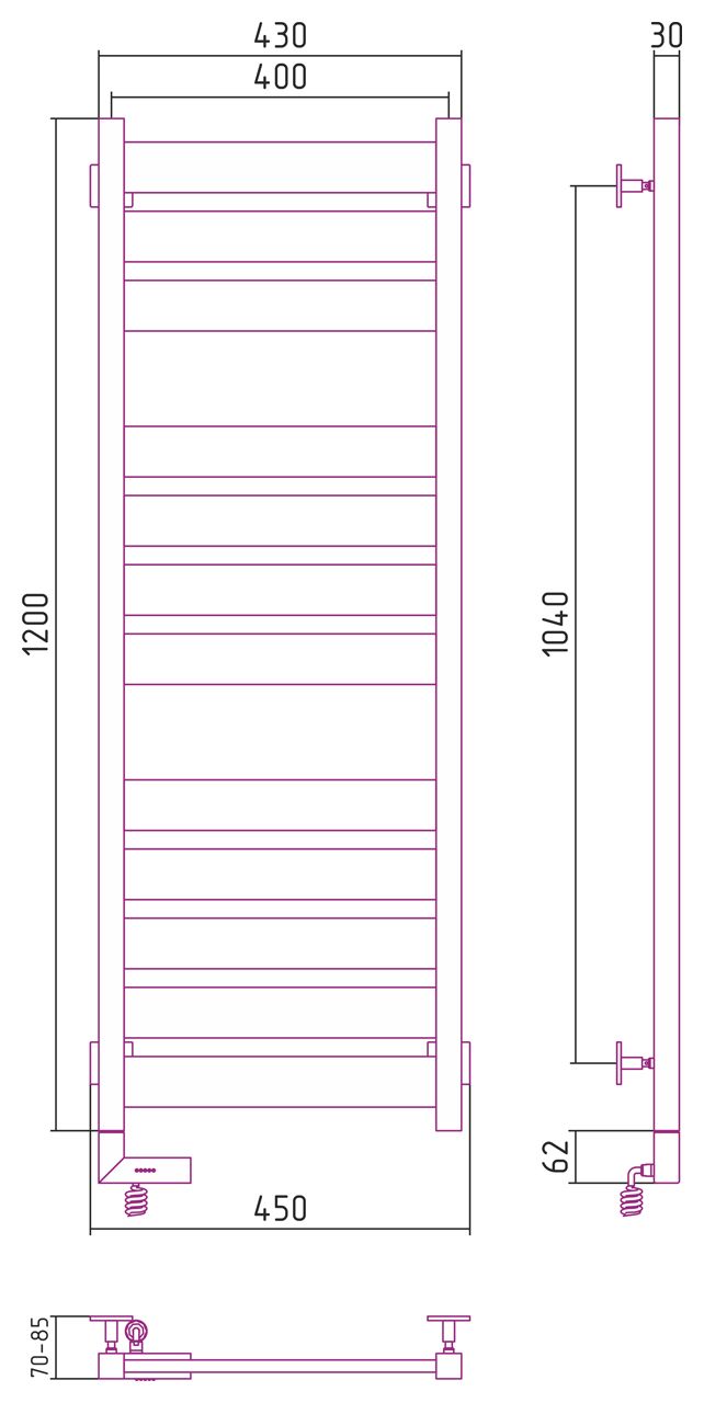 Полотенцесушитель электрический "ЦЕНТУРИОН 2.0" 1200х400 / МЭМ левый (Матовый ЧЁРНЫЙ)