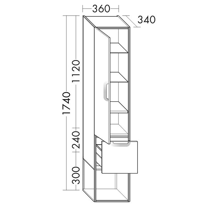 BURGBAD VRY Шкаф 360х340х1740 мм, подвесной, правый, 1 дверь, 1 ящик, 1 полка, ручки черные матовые, цвет Eiche Dekor Urban, артикул SGWN035R F6020