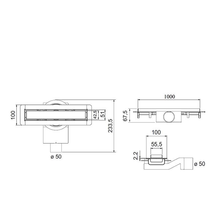 Plumberia Selection Трап душевой PS MODULAR 4x100 2устор. накладка из нерж.стали, комбинир.затвор с горизонт. Выпуском Ду 50мм,40л/мин, черн.матов.