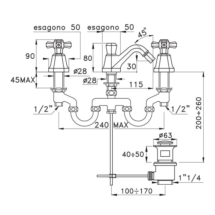 Stella Eccelsa Смеситель для биде на 3 отверстия 3601, с донным клапаном, цвет: хром