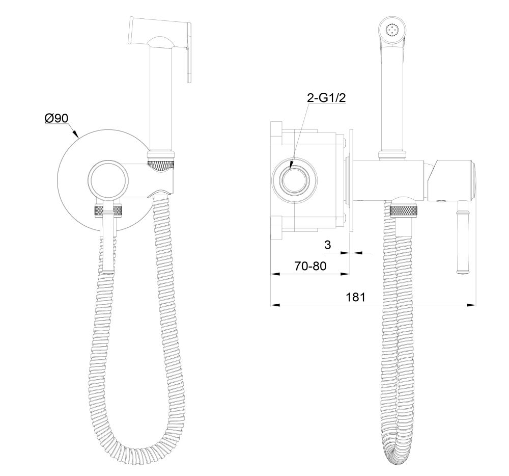 Смеситель с гигиеническим душем встраиваемый WONZON & WOGHAND TOR, Темный графит (WW-88829073-BGM)