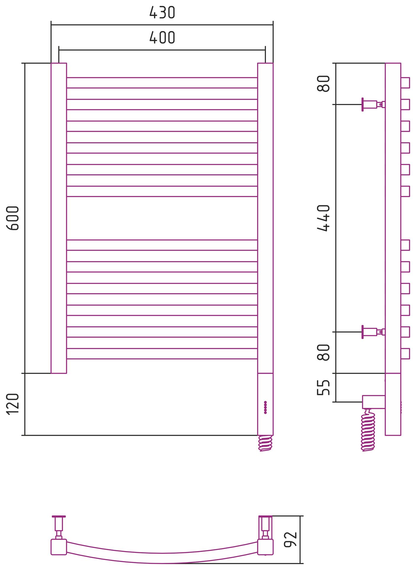 Полотенцесушитель электрический АРКУС 3.0 600х400 МЭМ правый (Без покрытия)