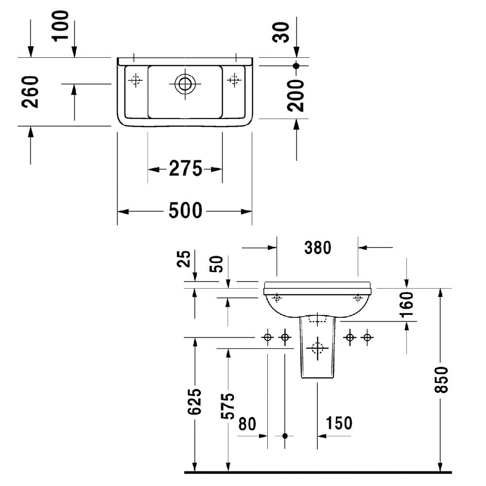 Duravit Starck 3 Раковина 500 x 260 мм,  с намеченными отв под смеситель слева и справа, с переливом, цвет белый Duravit Starck 3 Раковина 500 x 260 мм,  с намеченными отв под смеситель слева и справа, с переливом, цвет белый
