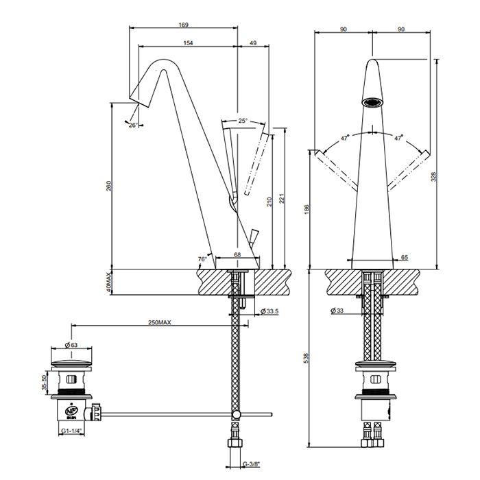 Gessi Cono Смеситель для раковины высокий с донным клапаном на 1 1/4”, соединительные шланги на 3/8, цвет хром