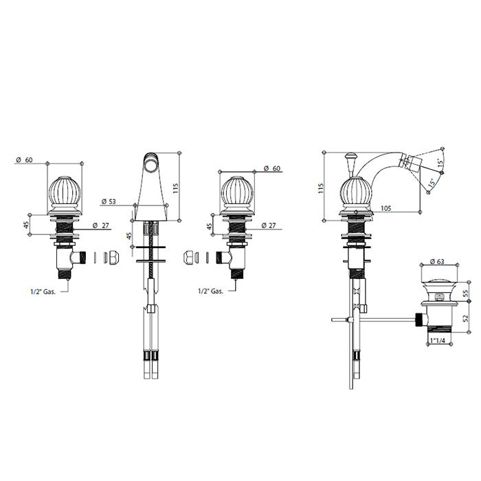 Bongio Rivoli Смеситель для биде 3 отв., цвет хром/Cristallo 00