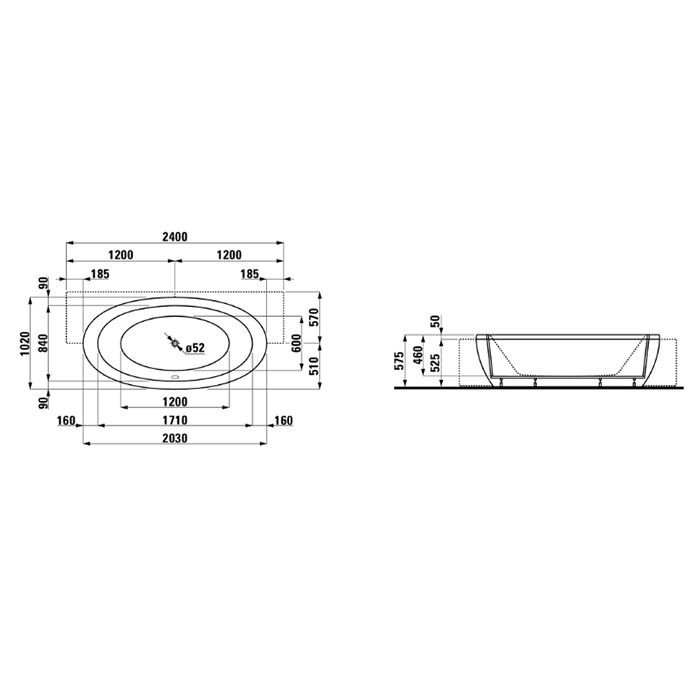 Laufen Alessi One Ванна 2030x1020x460мм, полувстраиваемая,  без гидромасс., без слив-перелива, с каркасом, панелью, материал: акрил, цвет: белый