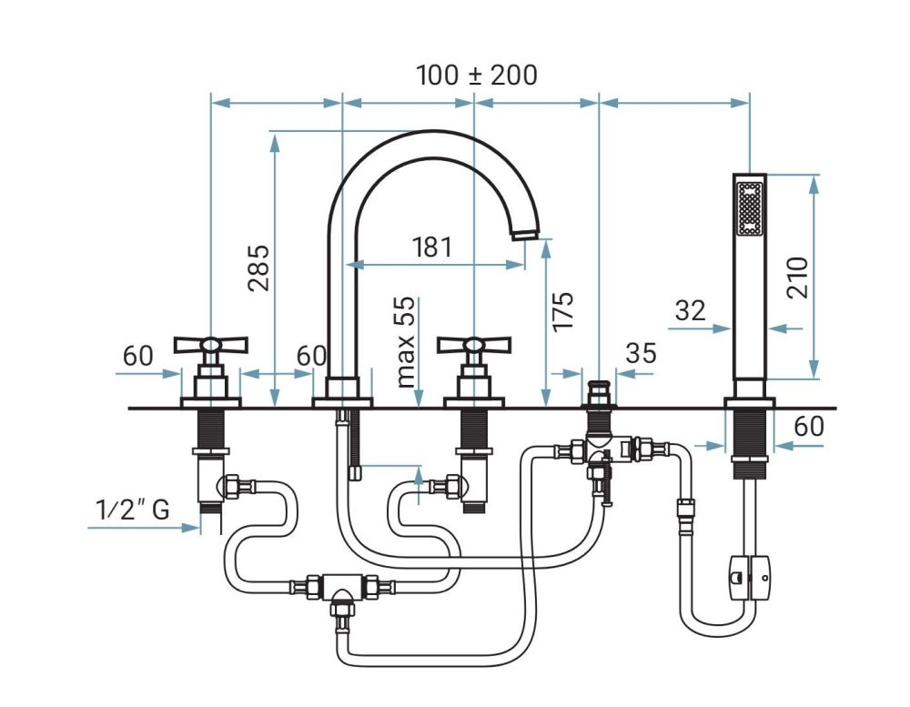 Emmevi Spirit New, комплект смесителя на борт ванны (излив 18,1 см), на 5 отверстий, с набором для душа, цвет брашированное золото, артикул 31121/ORS