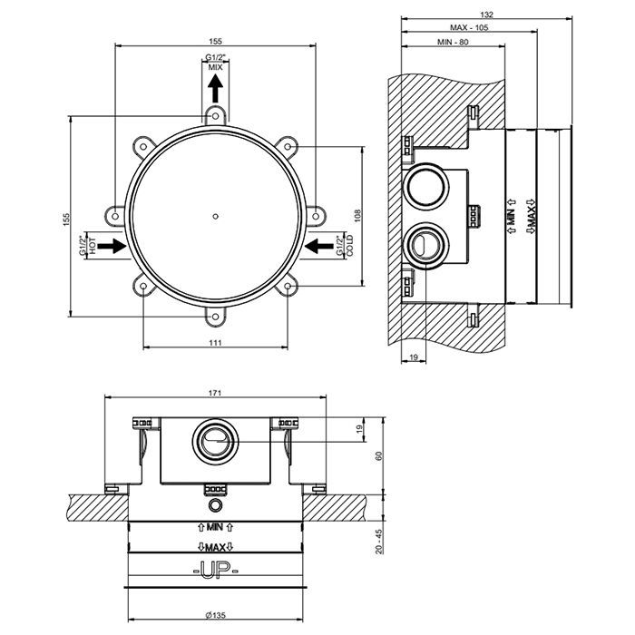 GESSI HI-FI COMFORT Встраиваемая часть для термостатического смесителя с 3 запорными кнопками, цвет хром