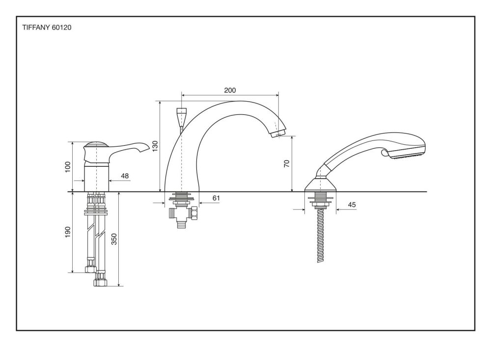 Emmevi Tiffany, комплект смесителя на борт ванны (излив 20 см), на 3 отверстия, с набором для душа, цвет золото