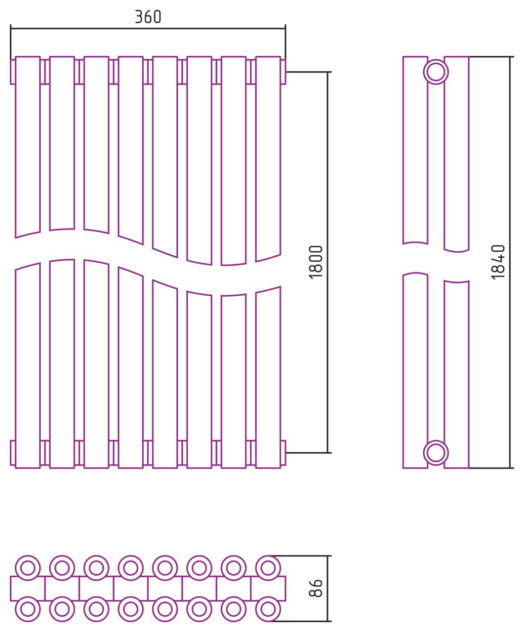 Отопительный радиатор ЭСТЕТ-00 н/ж 1800х360 / 8 сек (ЗОЛОТО)