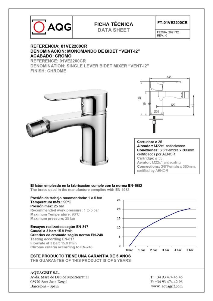 AQG VENT-i2, однорычажный смеситель для биде без донного клапана, цвет хром