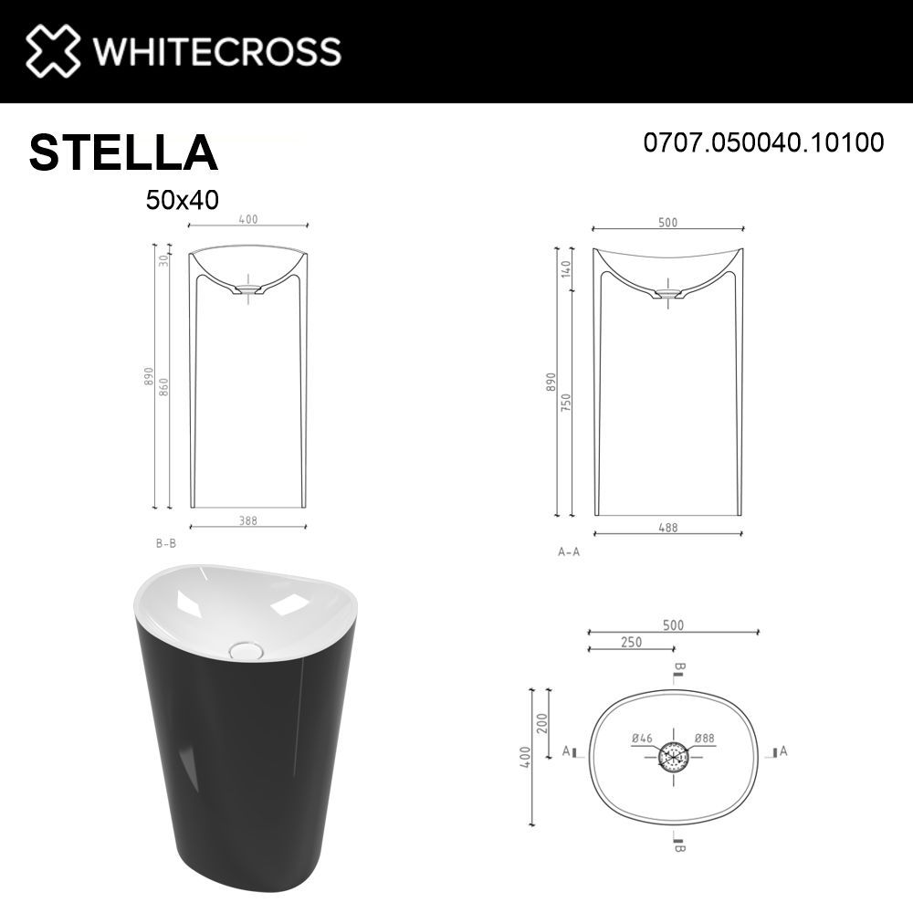 Умывальник WHITECROSS Stella 50x40 (черный/белый глянец) иск. камень
