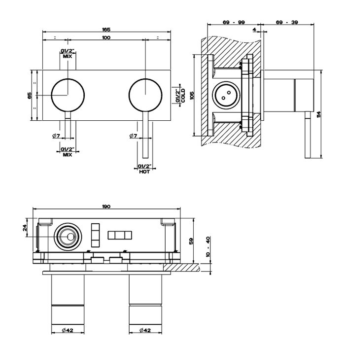 GESSI 316 Встраиваемый смеситель, на 2 источника с автоматическим переключателем (внешняя часть), цвет: brushed black metal pvd