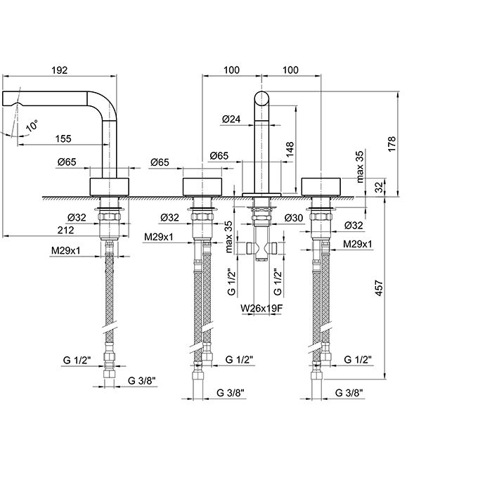 Fantini AF/21 Смеситель для раковины, 3 отв., без донного клапана, излив 155мм, цвет: матовая натуральная сталь