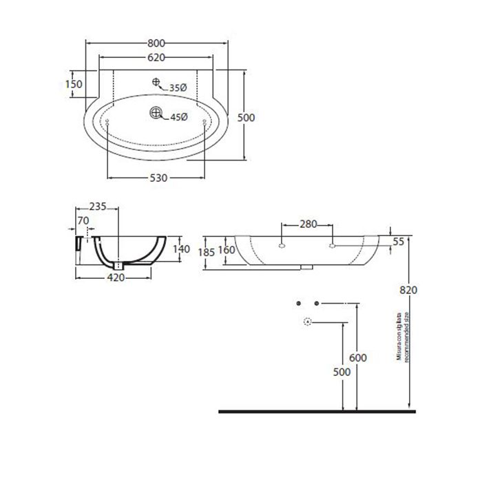 AZZURRA COMODA раковина подвесная с 1 отв. под смеситель 80х50см, цвет белый