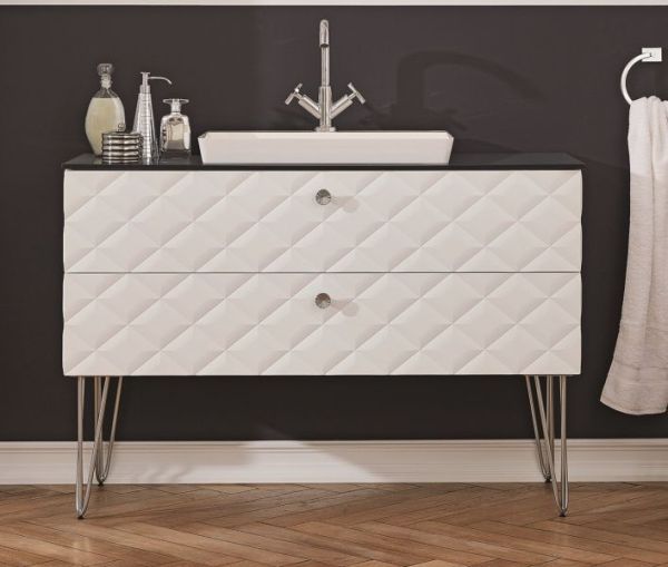 Puris Diamond Line, тумба (с черной столешницей из кварца) 1200 мм + накладная раковина из минерального литья 600 мм, цвет тумбы белый диамант