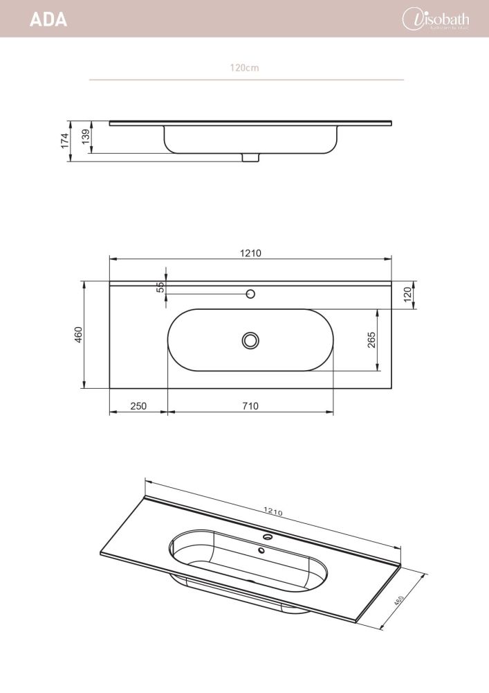 Visobath, керамическая раковина Ada 120 см, цвет белый глянцевый, артикул 83807