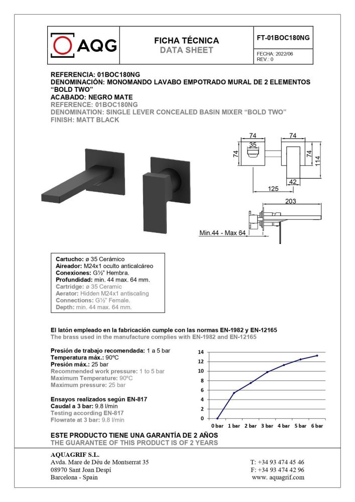 AQG Bold, встраиваемый в стену однорычажный смеситель для раковины (излив 20,3 см), цвет черный матовый, артикул 01BOC180NG