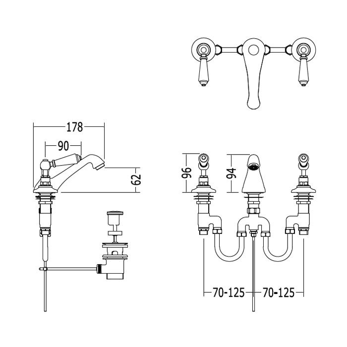 Devon Dandy Смеситель для раковины на 3 отв., с донным клапаном, c ручками белыми, цвет: никель блестящий, артикул MARF46NKS