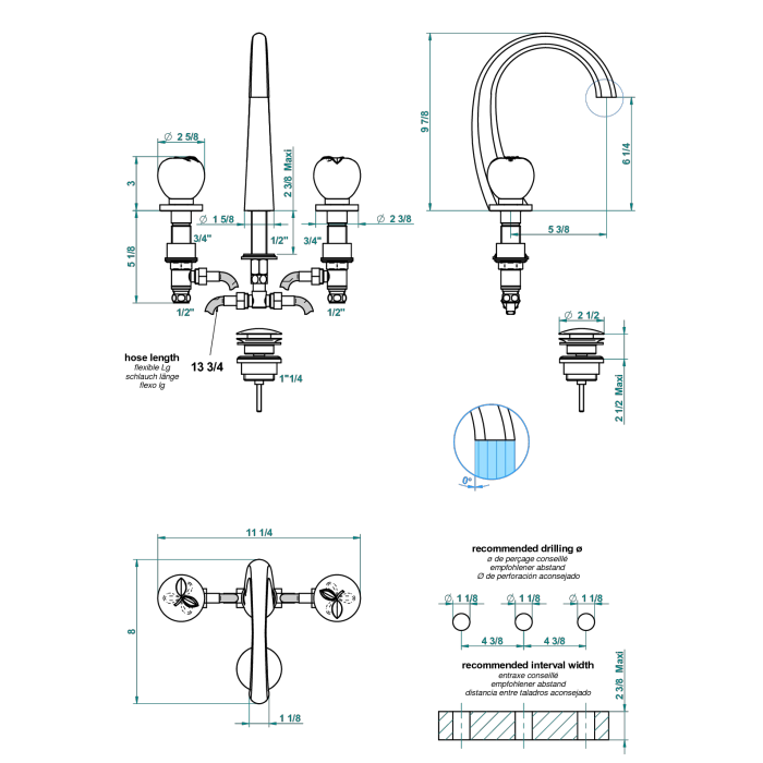 THG POMME CRISTAL CLAIR SATINE Смеситель для раковины на 3 отверстия, с донным клапаном, цвет хром