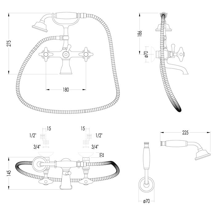 Devon White Rose Смеситель для ванны настенный, с душевым комплектом: шланг+лейка, цвет: никель блестящий, артикул UTWR733NK