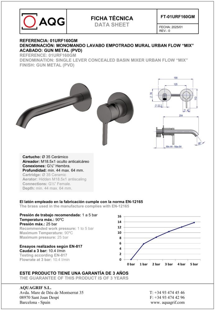 AQG Urban Flow Two, встраиваемый в стену однорычажный смеситель для раковины, цвет оружейная сталь (PVD), артикул 01URF160GM