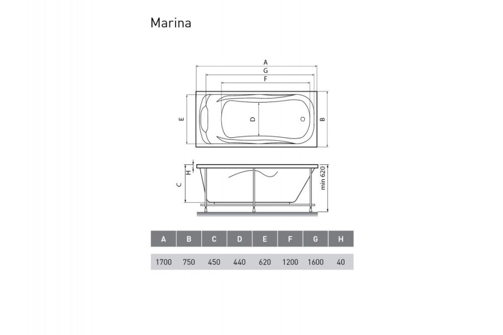 Ванна акриловая Relisan MARINA Гл000008874, 170x75, артикул Гл000008874
