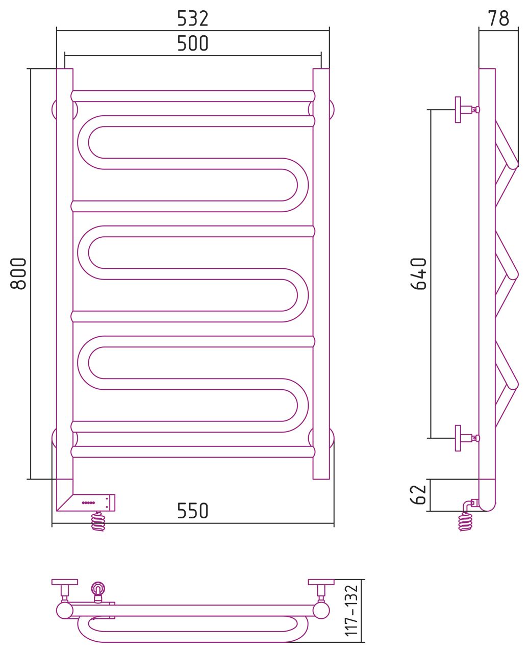 Полотенцесушитель электрический "ЭЛЕГИЯ 2.0" 800х500 / МЭМ левый (Шампань)