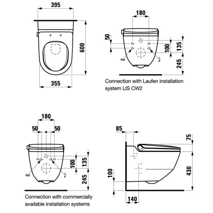 Laufen Cleanet Riva Унитаз-биде подвесной 600х395х405мм, безободк с пультом д/у с сенс.экраном, съемное сиденье , цвет черный глянц
