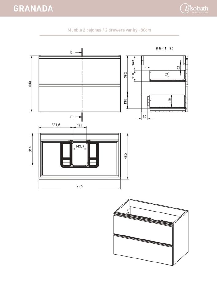 Visobath Granada, тумба 80 см, 2 ящика c черными ручками, цвет кварцевый матовый лак (Quarzo), артикул 76543/87602