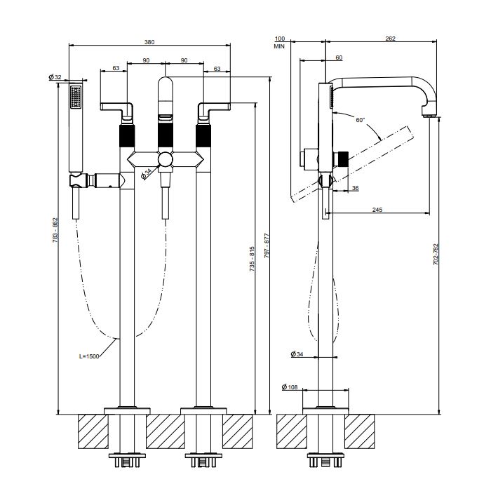 GESSI INCISO Смеситель для ванны напольный, с ручным душем и шлангом 1500 мм., внешняя часть, цвет Black Metal Brushed PVD