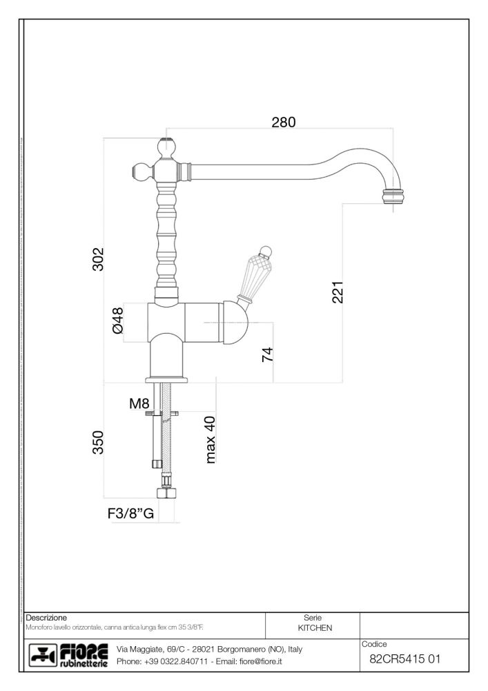 Fiore Imperiale Sky, однорычажный смеситель для кухни (излив 28 см), без донного клапана, цвет хром - Swarovski
