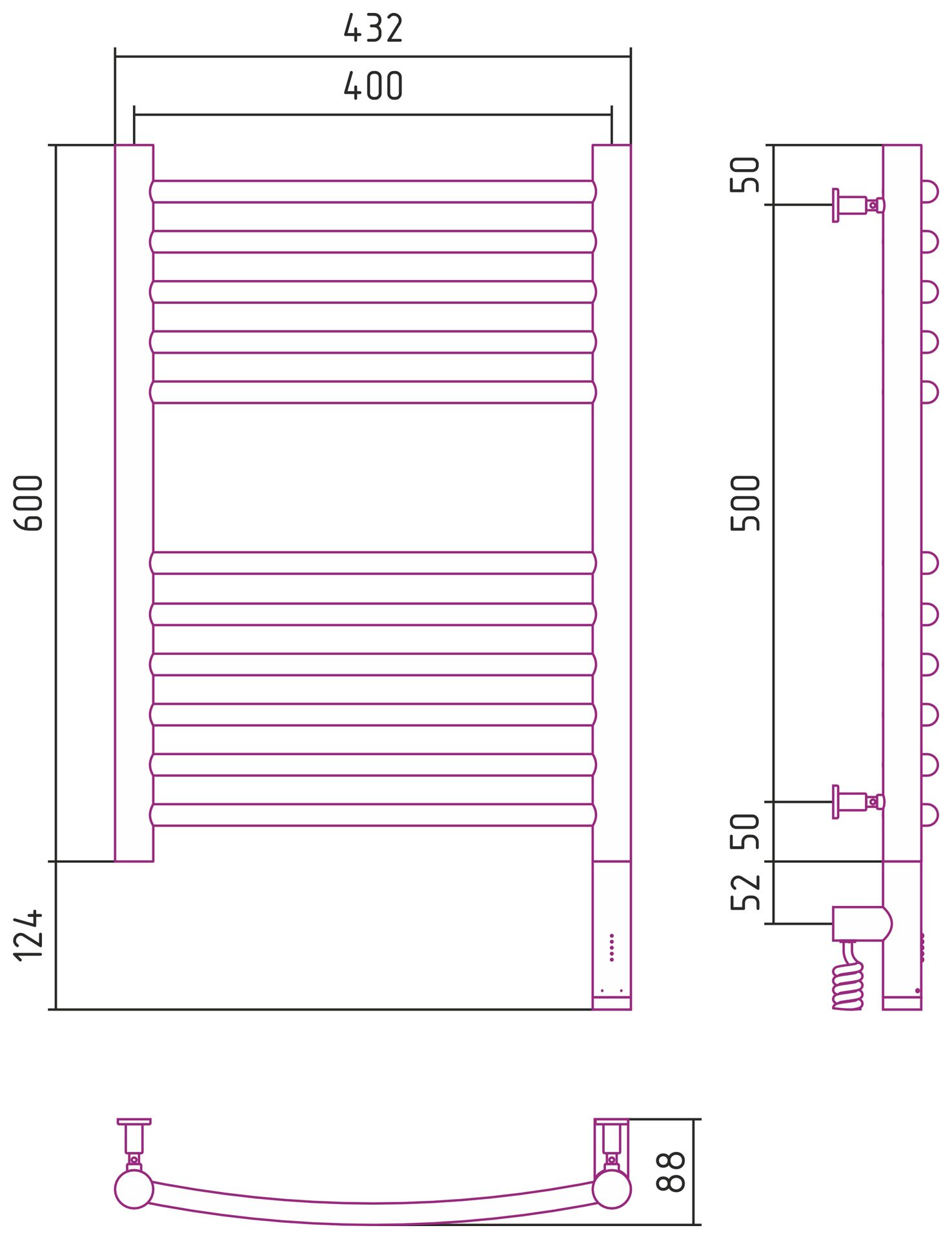 Полотенцесушитель электрический "БОГЕМА 3.0" 600х400 / МЭМ правый (Матовый белый)